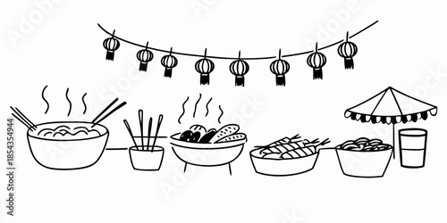 Authentic Asian Street Food Night Market with Colorful Lanterns and Steam