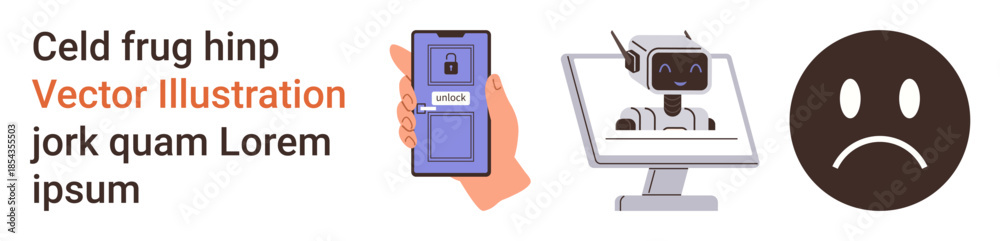 Fototapeta premium Online privacy, cybersecurity, emotional response, AI interaction, identity verification, data safety. Hand holding a phone, a robotic figure on a screen and a sad face. Online privacy