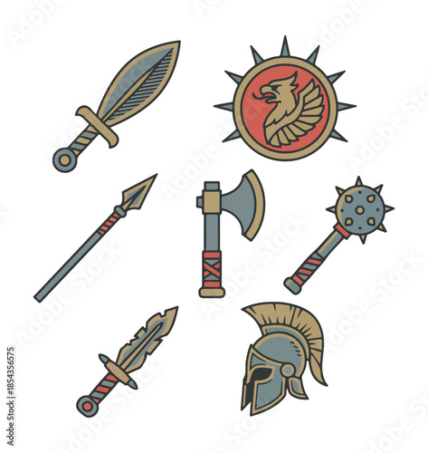 Ancient weaponry set illustration with shield dagger axe and spear