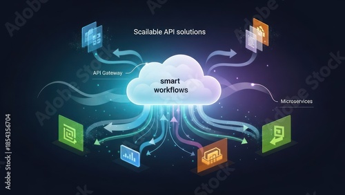 Scalable API Solutions Diagram with Smart Workflows and Microservices in a Cloud Computing Network Environment