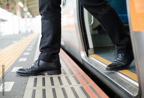 Close-up of a person in black dress shoes and trousers stepping across the gap between a train platform and an open train door.