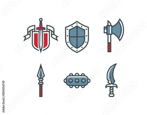 Set of stylized weapon icons on black background