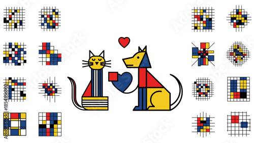 Cute cartoon animals sharing hearts with colorful gift boxes and stars