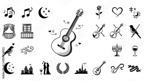 Collection of musical instruments and related icons in black