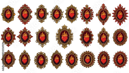 Collection of vintage ornate heraldic shields with crowns and embellishments