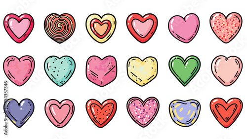 Collection of colorful hearts with various designs and patterns