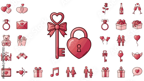 Collection of romantic love symbols and gift items with heart theme