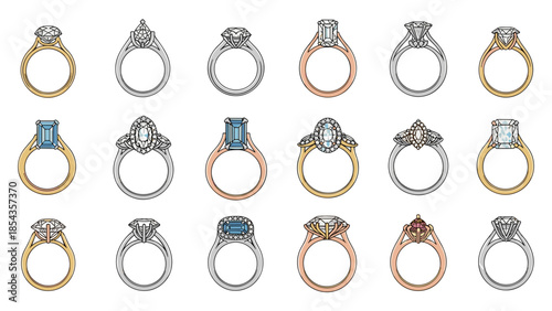 Collection of various engagement and wedding rings in different styles