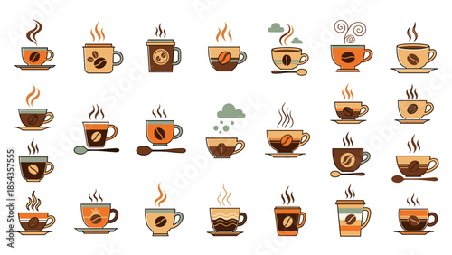 Collection of various coffee cups and mugs with steam