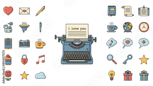 Vintage typewriter with various colorful icons