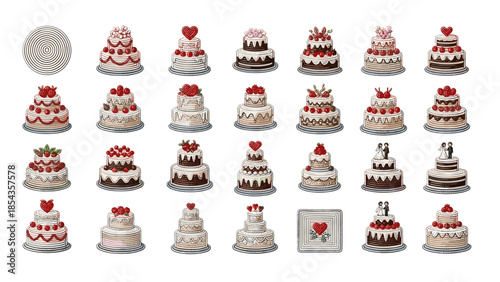 Collection of various decorated cakes with colorful icing and toppings