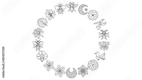Minimalistic black and white circular floral design decoration