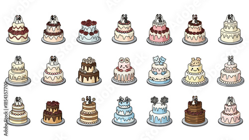 Collection of decorated birthday cakes with various icing styles and toppings