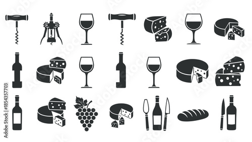 Collection of wine bottles glasses grapes cheese and bread