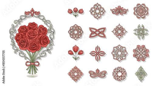 Set of decorative vintage lace ornaments and floral embellishments