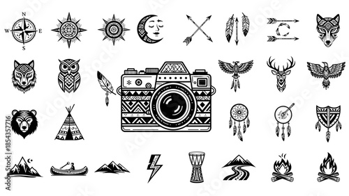 Collection of black and white tribal, nature, and wildlife icons
