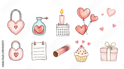 Charming Watercolor Illustrations of Romantic Elements for Love and Celebration Designs