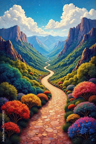 A vibrant patchwork quilt unfolds, revealing a winding path through diverse landscapes; a symbolic journey of unique experiences and perspectives , perspective, fields