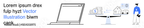 Financial planning, investment, digital management, balance, home budgeting, analysis. A laptop, financial documents a scale with a house on one side and a professional. Financial planning