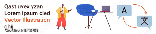 Language services, communication tools, multilingual support, education, workplace setup, professionalism. Person presenting with desk setup and translation icons. Language services and communication