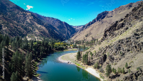 Konstfotografi drone photo of Salmon River Canyon above Riggins, ID with beach and bluffs