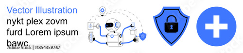 Artificial intelligence, cybersecurity, digital health, medical technology, safety protocols, data privacy. Robot interacting with devices, shield lock blue medical cross. AI and cybersecurity