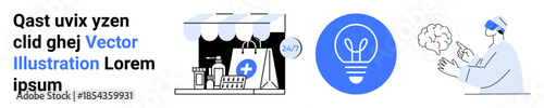 Online shopping, healthcare innovation, AI technology, e-commerce, creative solutions, pharmacy services. Digital store with medical bag, light bulb illustration, and AI interacting with a brain