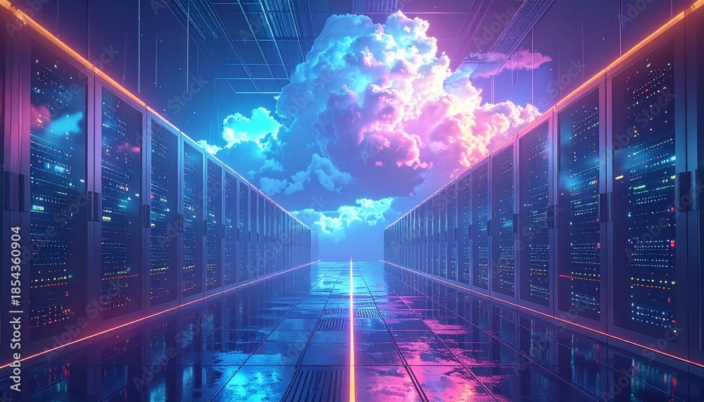 Fototapeta premium Futuristic server room with neon lights and a digital cloud, representing cloud computing and data storage technology