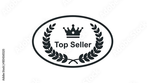 Black and white oval emblem featuring a golden crown and laurel wreath with the text top seller inside, symbolizing achievement and recognition in business