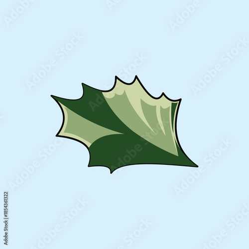 A single green holly leaf illustration with sharp points and shaded detail on a light blue background. Perfect for minimalist winter seasonal designs and botanical nature themes.