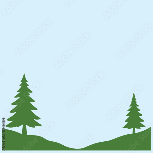 Simple outdoor illustration featuring green pine trees on rolling hills against a clear light blue sky. A peaceful nature background representing forest, mountains, and wilderness.