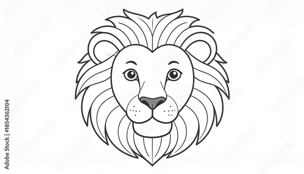Obraz premium Stylized black and white line art illustration of a majestic lion's head, featuring its face and detailed flowing mane, embodying strength and wild nature in a clean, graphic design element