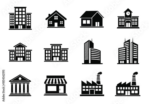 Illustration of collection of building icons including residential, commercial, and industrial structures