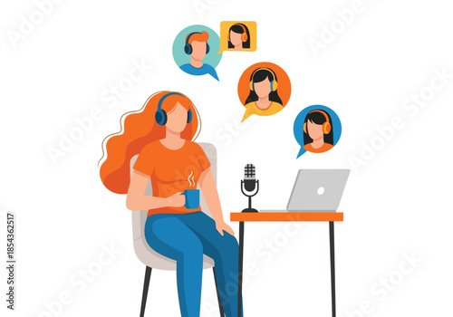 Illustration of woman with headphones recording a podcast with guests appearing in speech bubbles