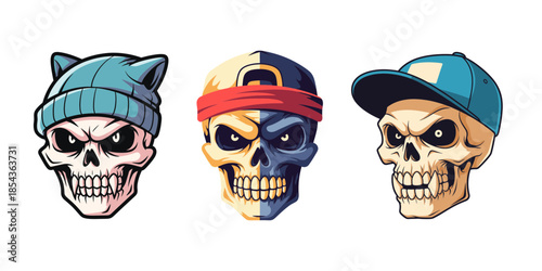 Three Cartoon Skulls with Hats and Bandana.