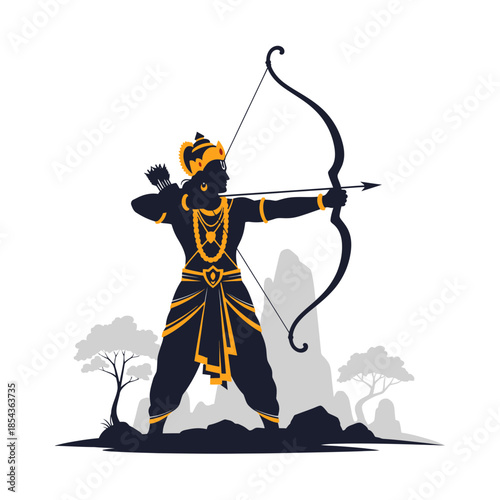 Lord Rama aiming with bow and arrow Hindu deity.
