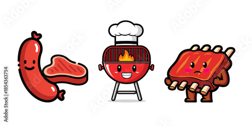 Cute Cartoon BBQ Grill with Sausage Steak and Ribs.