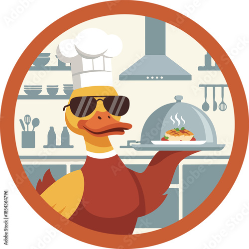 Duck Chef with Sunglasses Serving Dish in Kitchen Illustration.