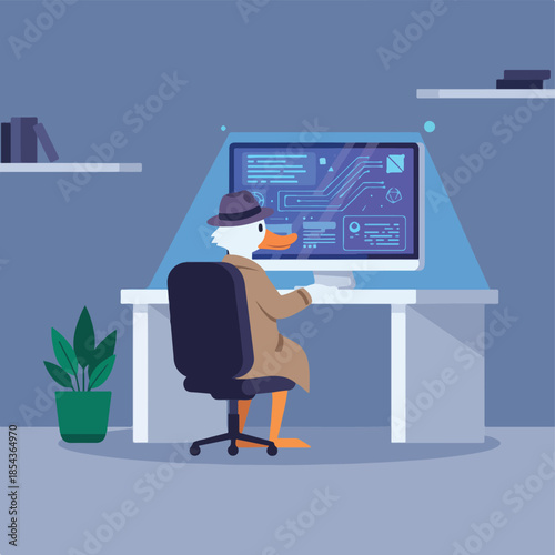 Duck Detective Hacking Computer System in Dark Room.