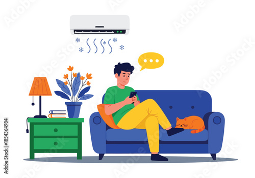 Illustration of man relaxing on sofa using smartphone with air conditioner cooling the room and cat sleeping nearby