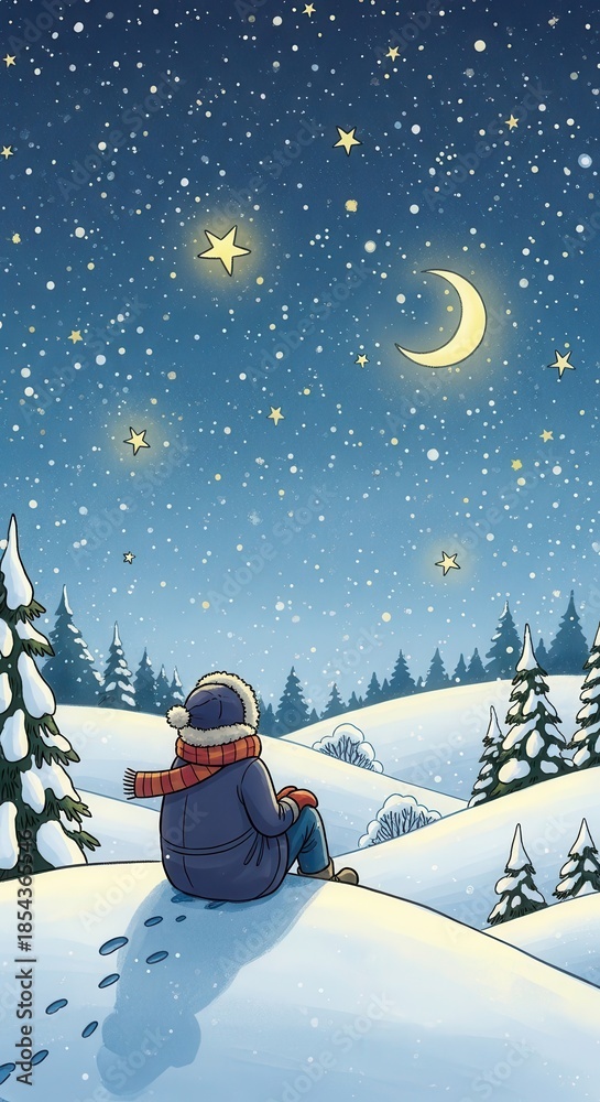 Fototapeta premium Solitary figure gazes at the bright celestial bodies over a snowy landscape