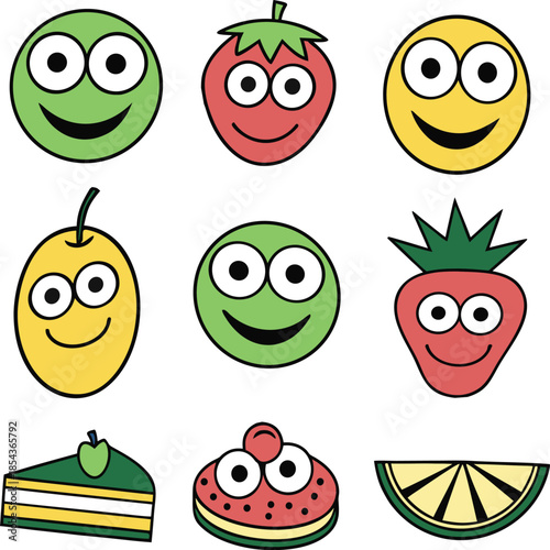 Assorted cartoon fruits and desserts.