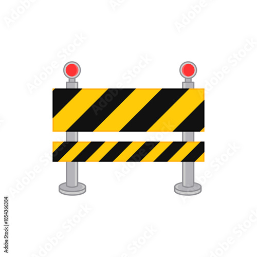 illustration of a road under construction with a caution sign, traffic cones, and safety barricades at a building site street roadblock