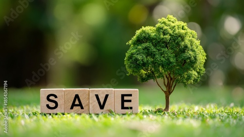 Wooden blocks with the word SAVE placed before a lush tree and green scenery