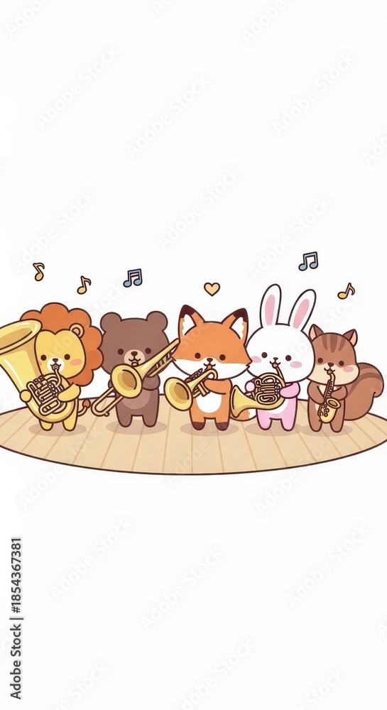 Fototapeta premium Five cute cartoon animals form a small musical group playing brass and woodwind instruments