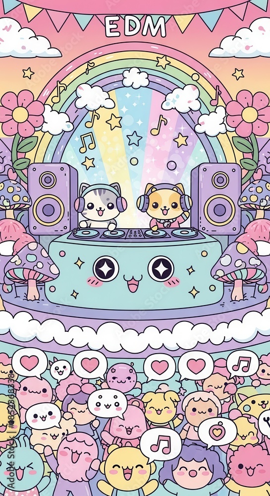 Obraz premium Adorable feline performers operate music equipment before a joyful, colorful crowd