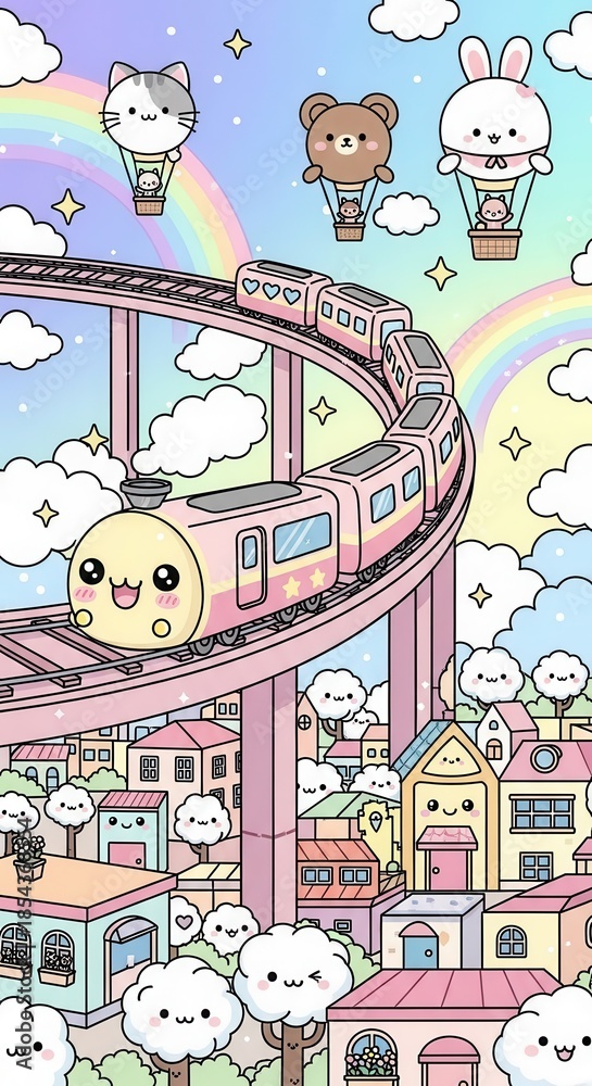 Naklejka premium Cheerful cartoon train travels over a pastel-colored town beneath airborne animal characters in hot air balloons