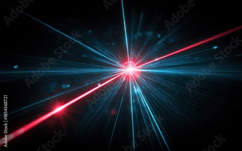 Abstract light burst with red and blue rays against black background