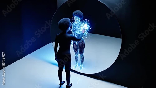 A woman stands before a round mirror, her reflection glowing with a blue light, in a dimly lit room