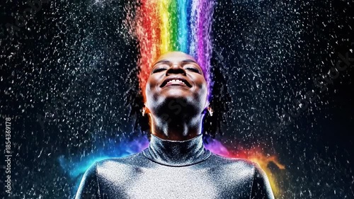 Person in metallic turtleneck with head tilted back, water splashing from mouth, rainbow-colored stream rising to cosmos